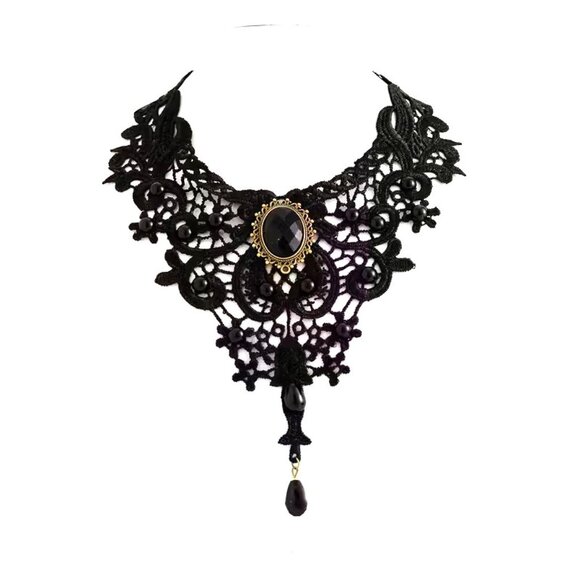 Choker Collar Necklace Black Lace Beads Cameo Rave Scene Vamp Sexy Goth Trendy - Picture 3 of 6